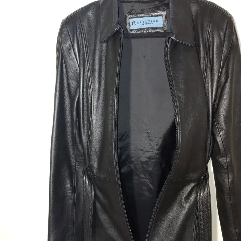 Reaction by Kenneth Cole Black Leather Full Zip Belted Jacket Size L